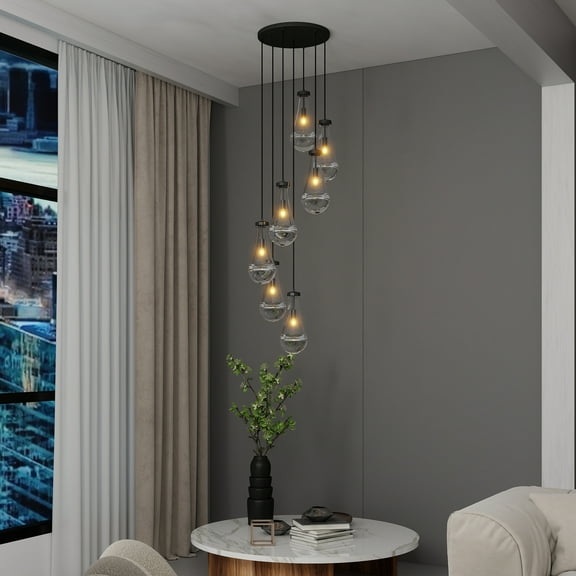 Raindrop 7 Light Cluster Pendant Lights,17.7in High Ceiling Chandeliers Adjustable, for Living Room Foyer Stairwell ,Bedroom ,E12 Black