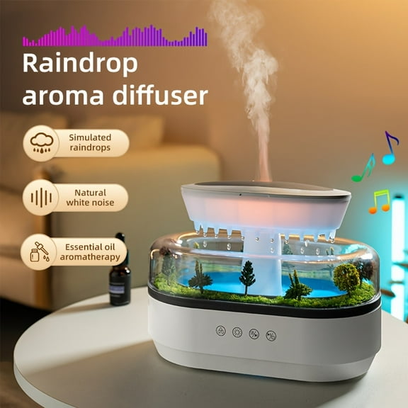 Raindrop Aroma Diffuser with Rainbow Lights & White Noise - Essential Oil Humidifier, Safe Touch Design, Color-Changing Night Light for Sleep & Relaxation
