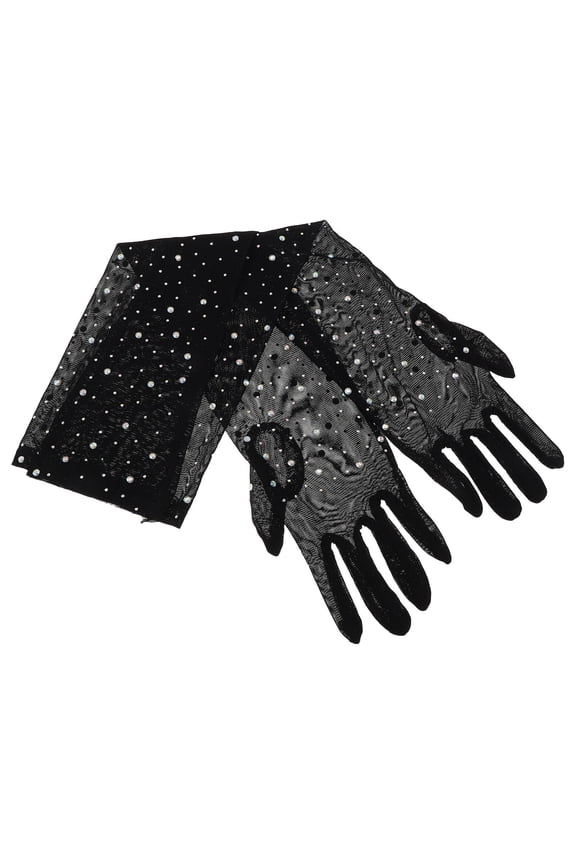 1 Pair Rhinestone Sheer Gloves Women Black Long Gloves Mesh Elbow Length Gloves for Party Opera Rave Halloween Evening Costumes