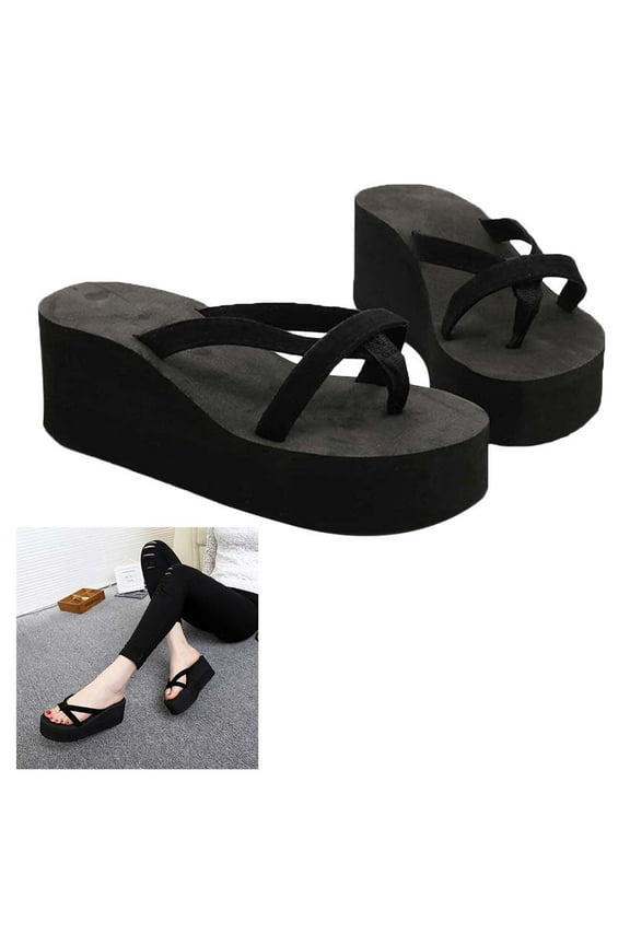 1 Pair of Black Wedge Flops Sandals in Bohemia Style for Women's Comfortable Walking Experience at the Beach
