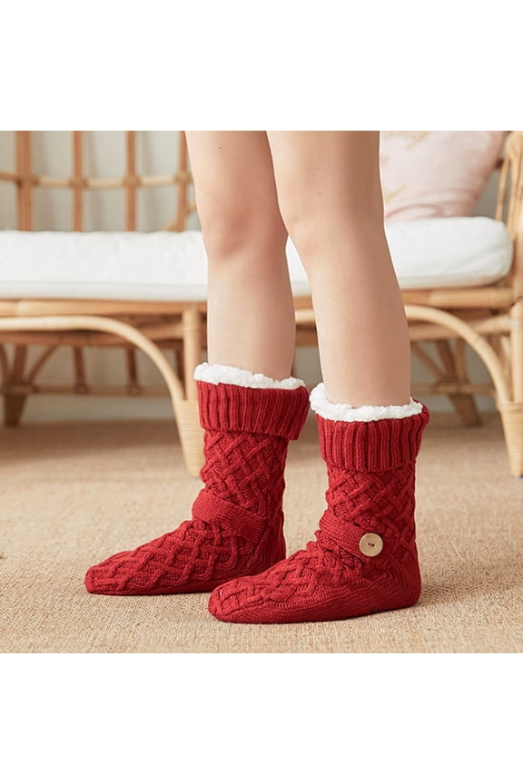 Warm Slipper Socks Red Plush Rubber Nonslip for Winter 1Pair