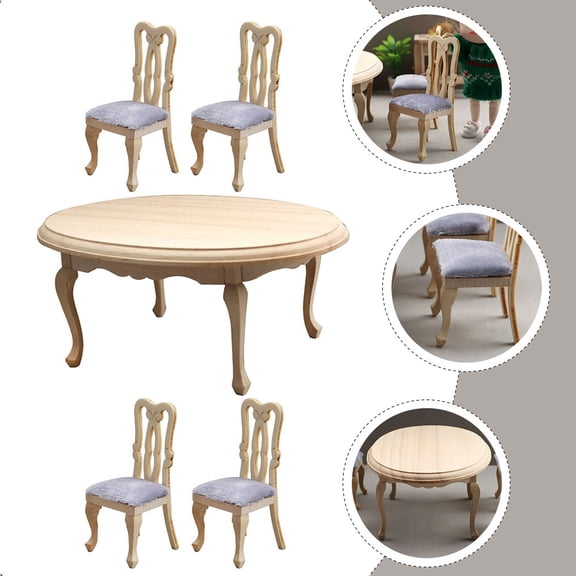 Raindrops 1 Set Tiny Furniture Miniature Dining Table Chair Beige Wood for Home Decoration