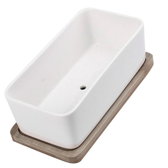 Raindrops Sturdy White Ceramic Planting Pot with Bamboo Tray 1 Set for Balcony 11.8X3.3in