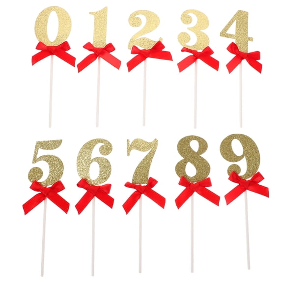 Raindrops 10Pcs Golden Number Cake Toppers Paper Insert Decorations with Bows for Birthday Party Celebration