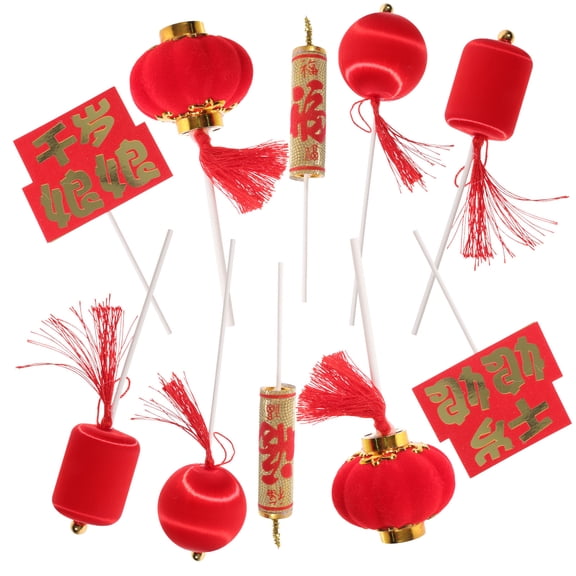 Raindrops 10-Pack Chinese New Year Cake Toppers, Traditional Spring Festival Decorations, Mixed Style Red Insert Ornaments for Cakes