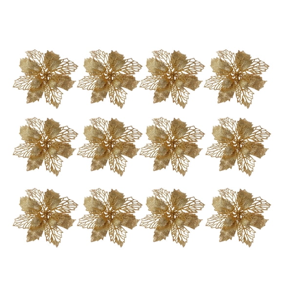 Raindrops 12Pcs Holiday Glitter Flowers Golden Flower Ornaments for Small Tree Christmas