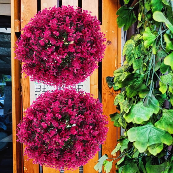 Raindrops 1Pack Faux Topiary Balls Outdoor Eucalyptus Leaf Simulated Plant Ball Rosy Plastic 13.8X13.8X5.1In