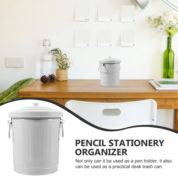 Raindrops White Metal Ash Bucket with Lid, 1-Pack Iron Trash Can for Dorm, Office, Storage, and Home Use
