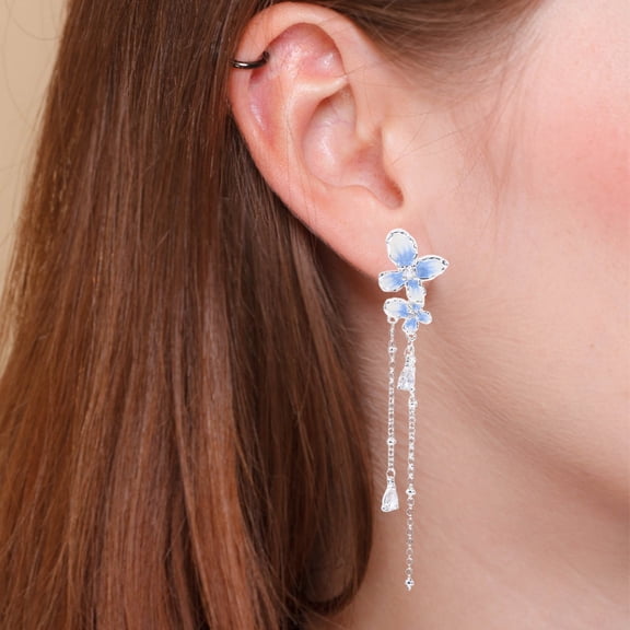FOMIYES Elegant Sky Flower Drop Earrings with Crystal Tassel Dangle, 1 Pair Stylish Women's Jewelry Accessories