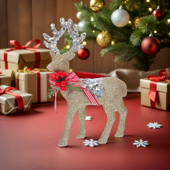 Raindrops 1Pair Golden Flocking Reindeer Statue for Christmas Tabletop Decorations with Glitter Design