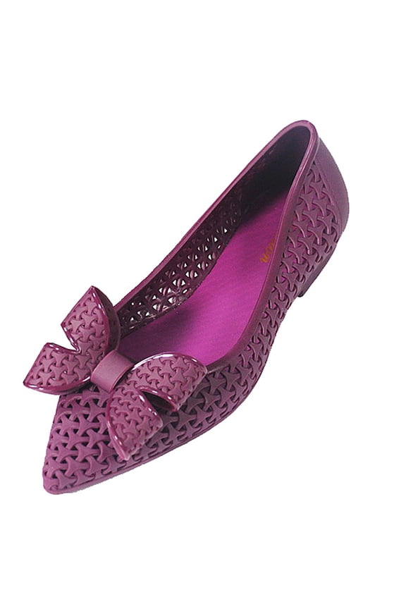 1Pair Purple Pointed Toe Shoes Hollow Out Bowknot Waterproof Flat Heel PVC Casual Shoes