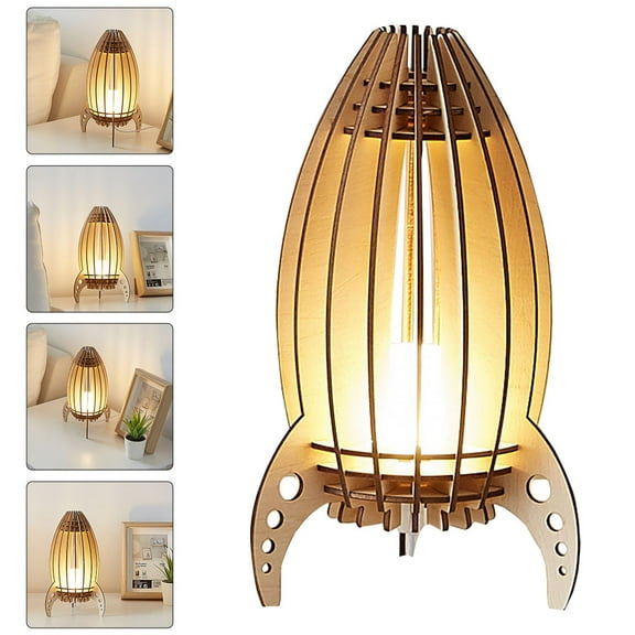 Raindrops 1Pc Space Rocket Night Lamp Wooden LED Bedside Light Brown Rechargeable