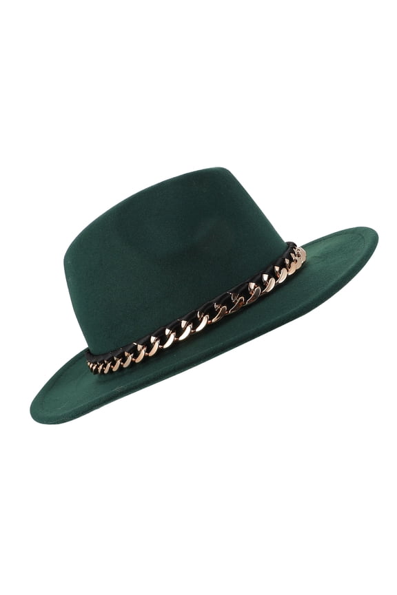 1Pc Men Fedora Hat Dark Green Woolen Felt Chain Jazz Hat for Formal and Casual Occasions