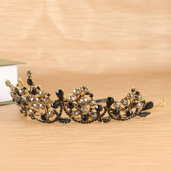 Lurrose Luxury Baroque Black Crystal Rhinestone Queen Crown Tiara Halloween Costume Accessory