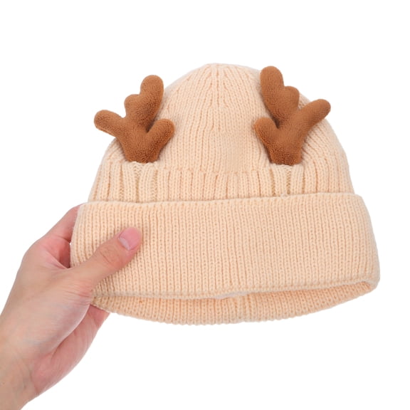 Raindrops Beige Knitted Reindeer Winter Hat with Warm Antlers Christmas Cap Holiday Headwear for Cold Weather