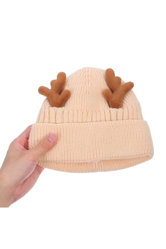 Beige Knitted Reindeer Winter Hat with Warm Antlers Christmas Cap Holiday Headwear for Cold Weather