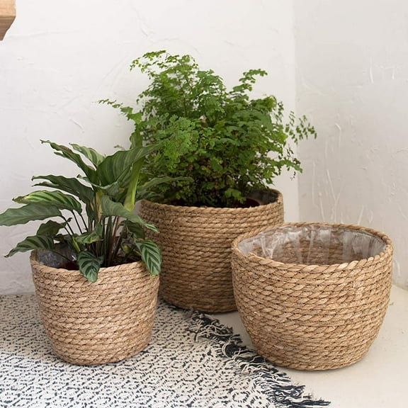 Raindrops 1Pc Khaki Straw Woven Plant Holder with Plastic Lining Decorative Flowerpot for Home