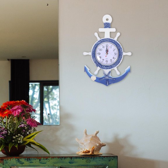 FOMIYES Boat Anchor Wall Clock Mediterranean Style Wooden Plastic Decorative Home Clock