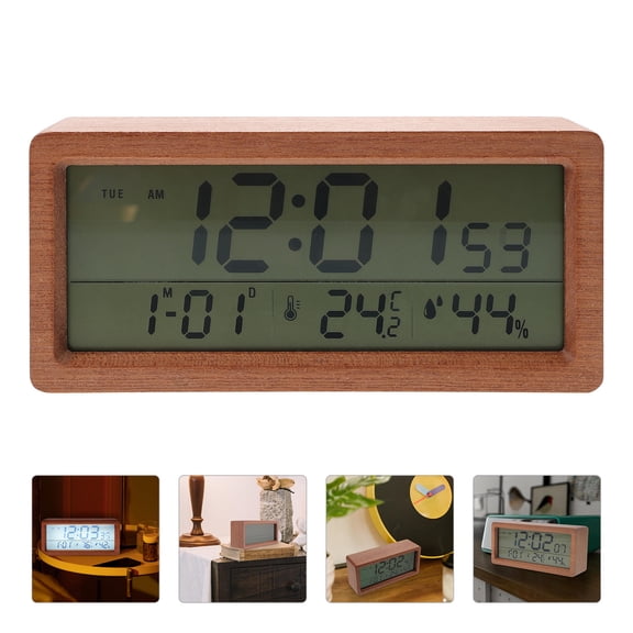 Raindrops Sleek Design Wooden Digital Alarm Clock with Date and Humidity Display for School Office Decor