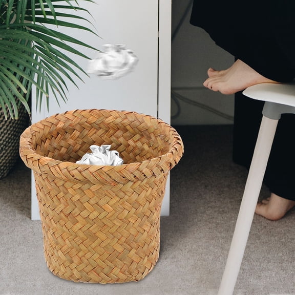 Raindrops Orange Small Round Wastebasket, Rust-Resistant Seagrass and Iron Trash Can for Home, Office, and Public Spaces - Set of 1