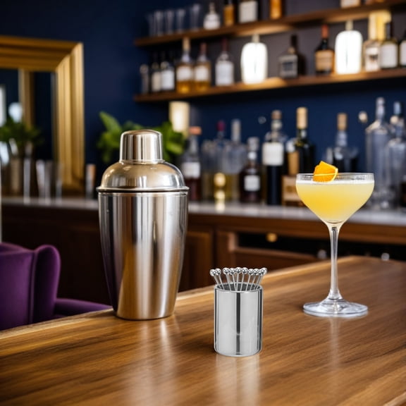 FOMIYES 1Set Reusable Stainless Steel Drink Sticks with Holder Elegant Cocktail Picks for Bar Decor