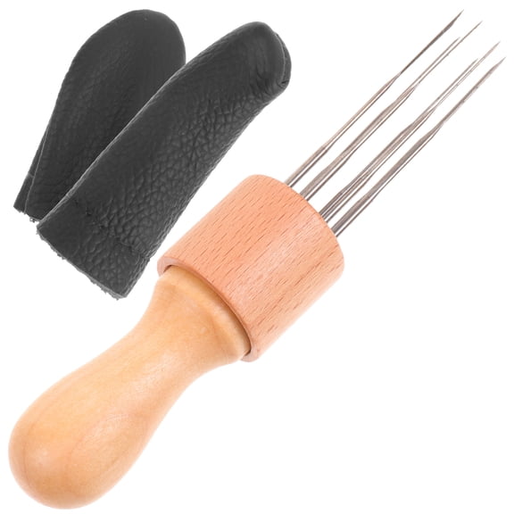 Raindrops 2 Finger Covers Punch Needle Tool for Textile Crafts with Iron Wood Handle, PU Grip, Multi-Color Round Pattern