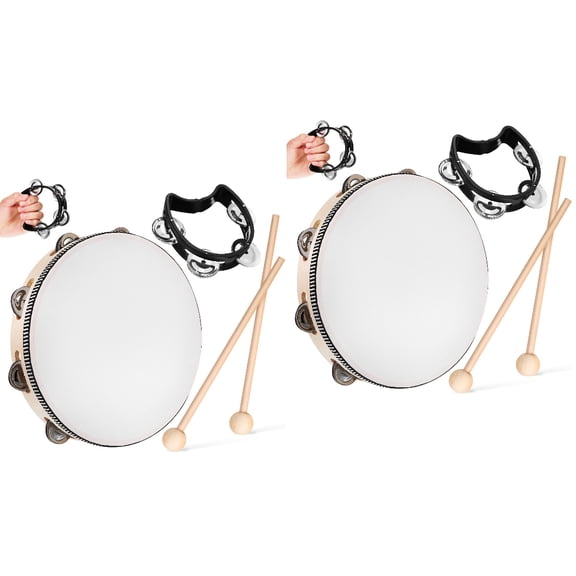 Raindrops 2-Piece Tambourine Set with Mallets - Musical Percussion Instrument for Adults and Beginners