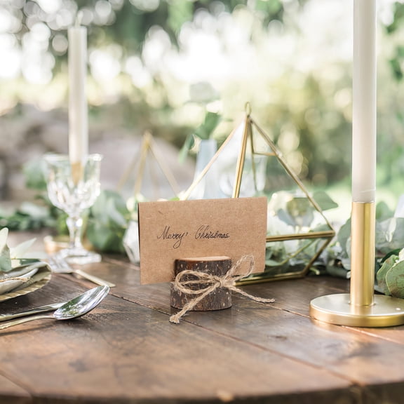 Raindrops Rustic Tree Stump Place Card Holders for Weddings and Parties Beige Wood Block Design 20 Sets