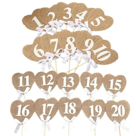 20pcs Heart Shaped Burlap Wedding Table Number Cards for Reception Seating Signs DIY Crafts Number 1 to 20 8 5x9cm