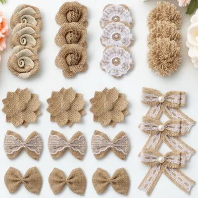 Raindrops 24Pcs Linen Jute Flower Set Assorted Colors Vintage Rustic Decoration