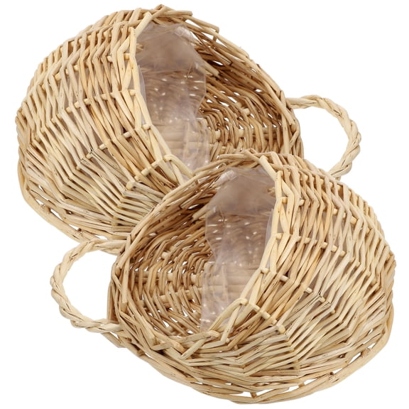 Raindrops Set of 2 Beige Woven Hanging Baskets in Wooden Bird Nest Design for Kitchen, Flower, and Storage Use