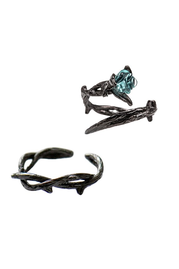 2Pcs Thorn Rose Open Finger Ring Couple Set Creative Tail Ring in Black