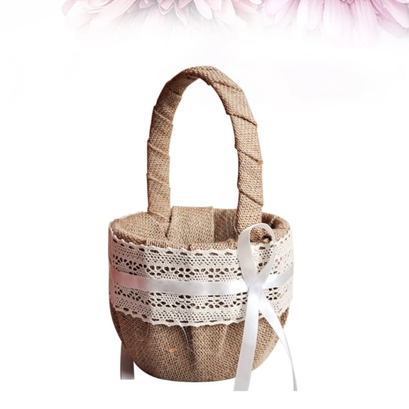 Set of 2 Rustic Burlap Wedding Flower Baskets with Raindrops Design, Linen Material for Storage and Decorative Use