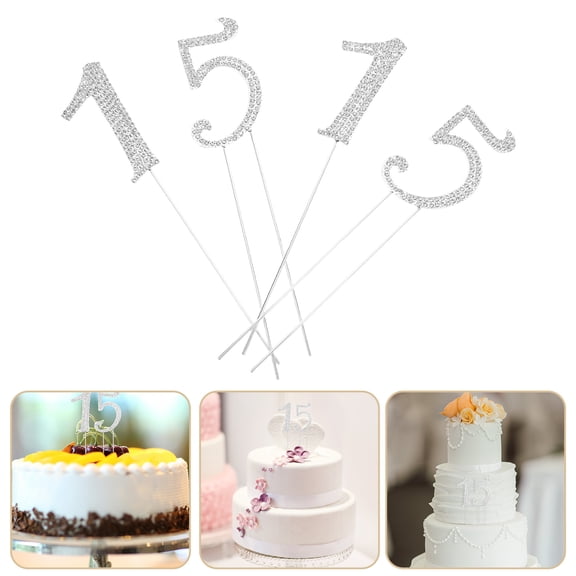 FOMIYES Plated Silver Rhinestone 15Th Birthday Cake Topper, Easy to Insert and Remove 2Sets