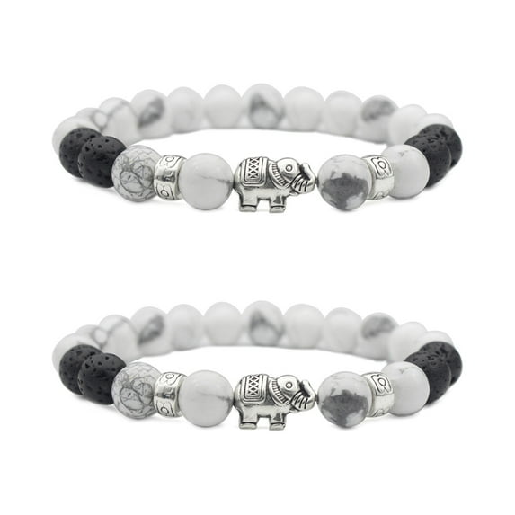 Raindrops 2pcs 8mm White Elephant Beaded Bracelets for Women Girls Yoga Meditation Jewelry Tone