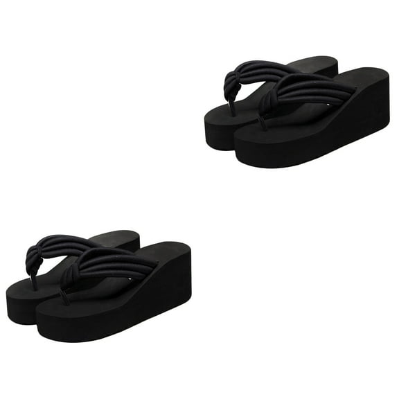 Raindrops 2pcs High Heel Platform Slippers Fashion Flops Slope Non-slip Resort Beach Black Knoted Sandals for Women Female(Size 37)