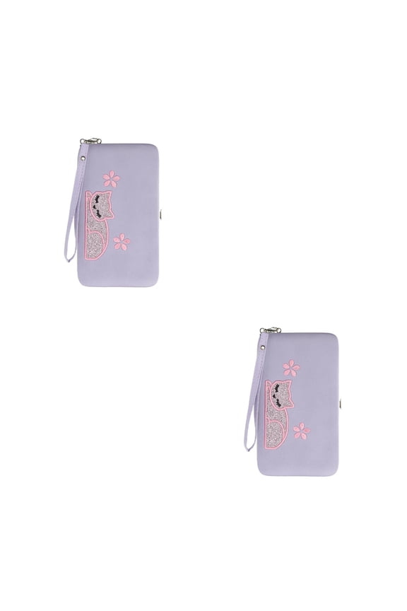 2pcs Lavender Multi-purpose Cat Embroidery Pattern Fashion Wallet Triple-folded Wallet Multi-card Slots Bag Pocket Long Purse for Women Lady