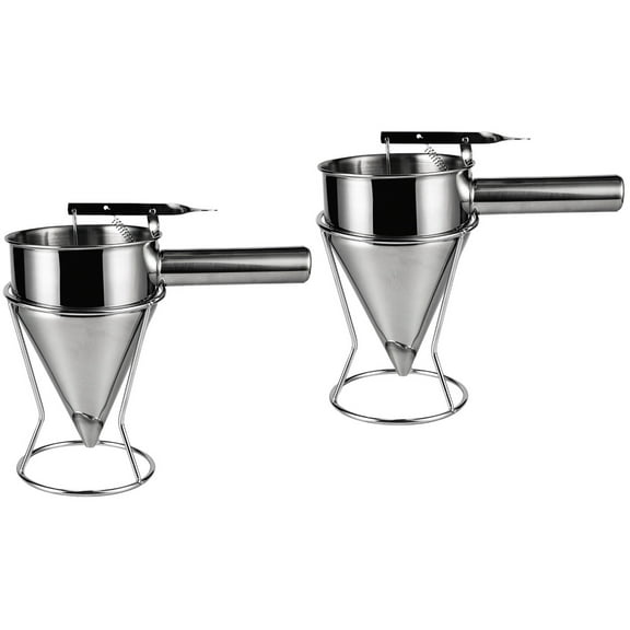 Raindrops 2pcs Stainless Steel Piston Funnel Kitchen Octopus Balls Funnel Dispenser with Rack Stand DIY Pancake Batter Paste Funnel Tools ( Silver )