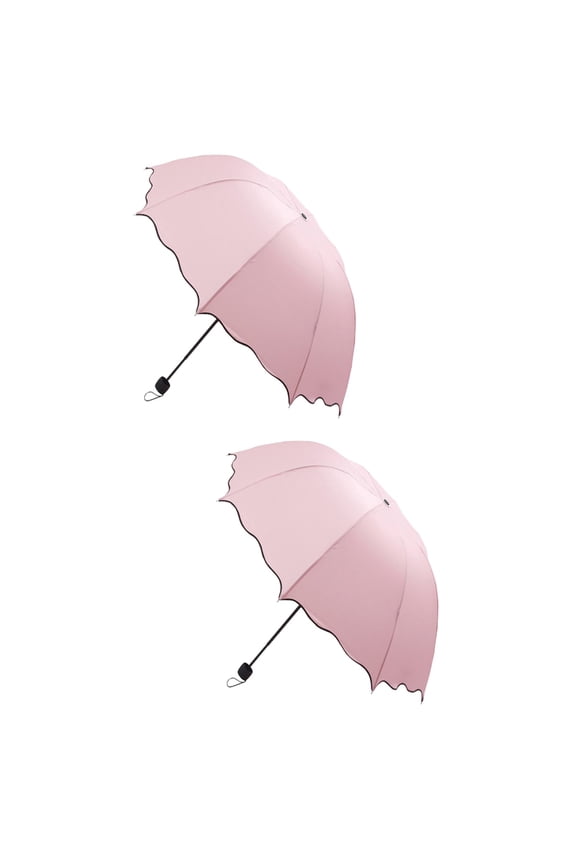 2pcs Triple Folding Dome Ruffled Parasol Sun Rain Umbrella Anti-UV Parasol (Pink)