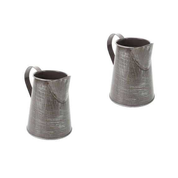 Raindrops 2pcs Vintage Galvanized Metal Decorative Pitcher Vase French Farmhouse Tabletop Can Jug with Pouring Handle for Home Kitchen Bathroom Silver
