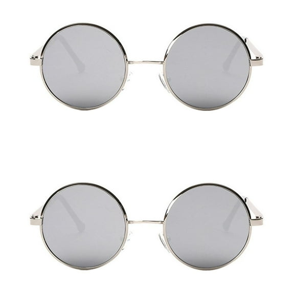 Raindrops 2pcs Vintage Metal Frame Round Reflective Sunglasses Circle Mirrored Sunglasses Men Women Glasses (Silver Frame with Water Silver Lens)
