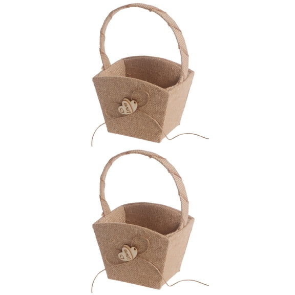 Raindrops 2pcs Vintage Wedding Burlap Hessian Flower Girl Basket Wooden Heart