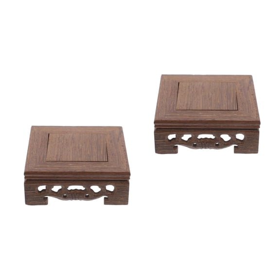 Raindrops 2-Pack Small Rectangular Wooden Vase Stands, Carved Wood Flower Pot Display Bases, Decorative Ornament Holders