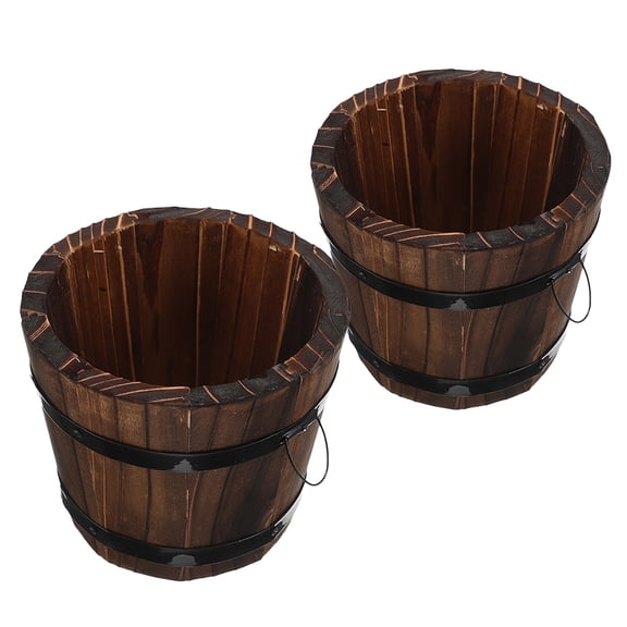 FOMIYES 2Pcs Rustic Wooden Planter Buckets Brown Polished Outdoor Plant Holders