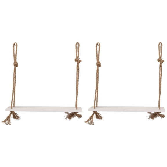 Raindrops 2-Pack Wooden Hanging Swing Shelves with Jute Rope, 1-Tier Floating Wall Display Rack, White