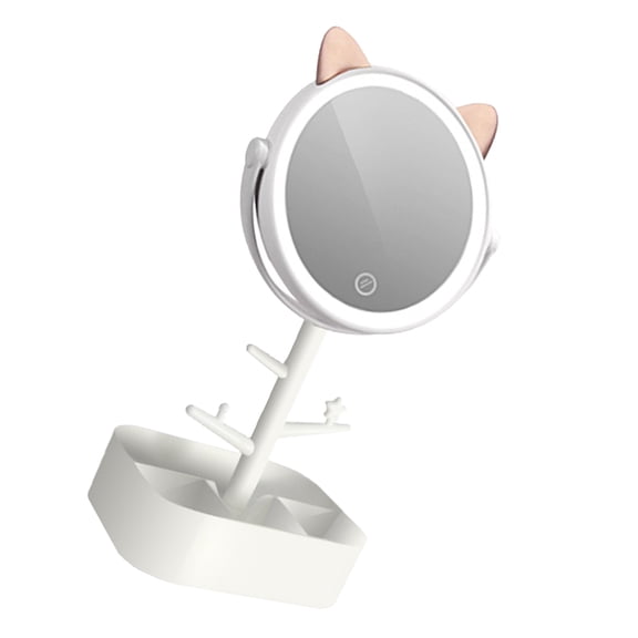 FOMIYES Desktop Makeup Mirror with Smart Dimming LED Light and Storage in White for Bedroom