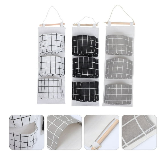 Raindrops 3Pcs Gray Grid Wall Hanging Storage Bag Linen Material for Living Rooms