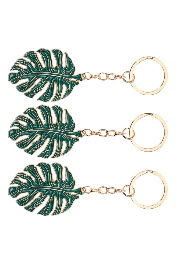 3Pcs Dark Green Tropical Palm Leaf Plant Keychain Alloy Bag Decoration