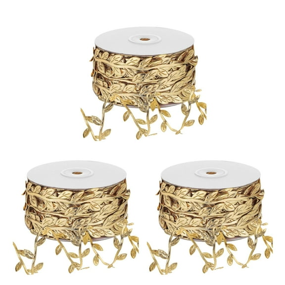 Raindrops Golden Leaf Trim Ribbon for Crafting, Projects, Home Decoration, Fabric Artificial Leaves, Holiday and Event Decor