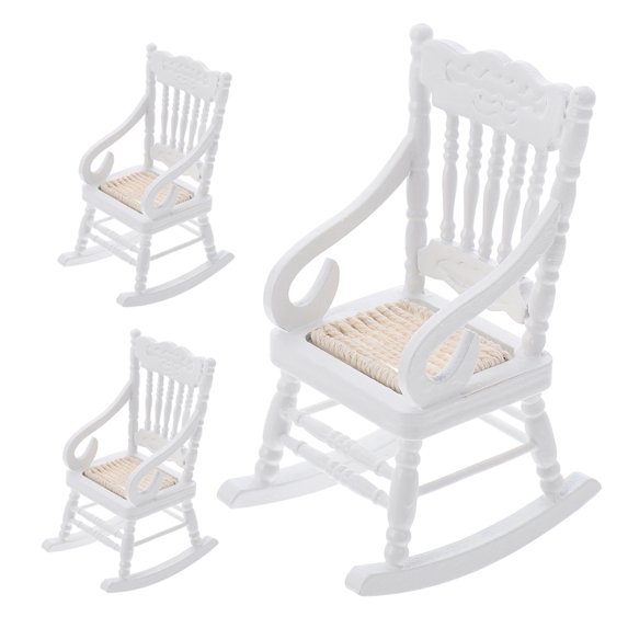 3pcs Miniature Wooden Rocking Chairs for Dollhouse Scene 1:12 Scale Doll Furniture Crafts Set